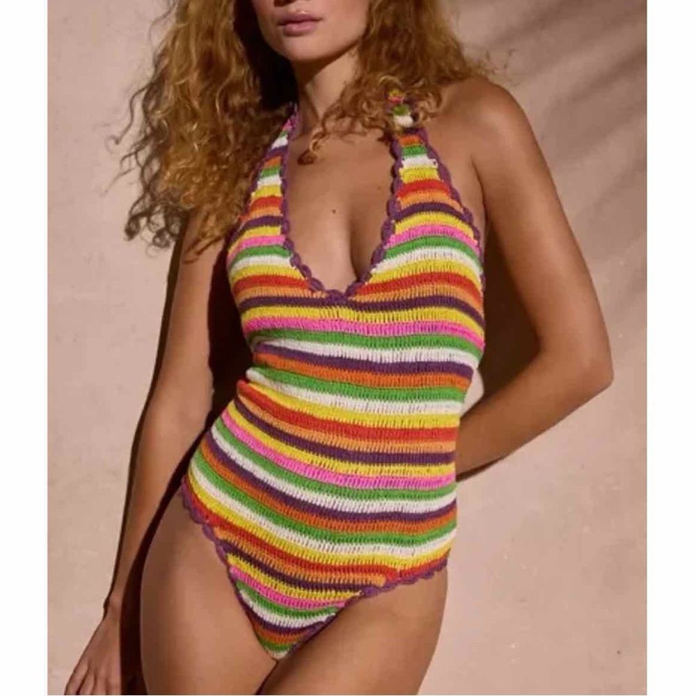 Free People Its Now Cool The Crochet Vee Swimwuit One Piece Tulum Cotton XS NWT